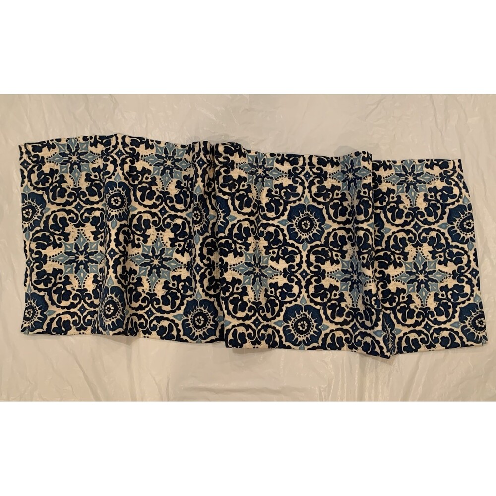 Blue And White Damask Patterned Window Valance Handmade 55”x16.5”